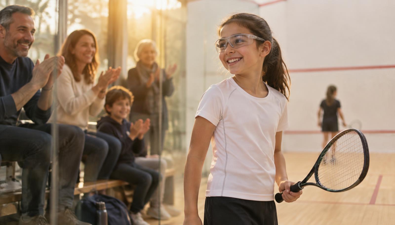 A smiling young squash player holding her racket while her family applauds from the side of the court